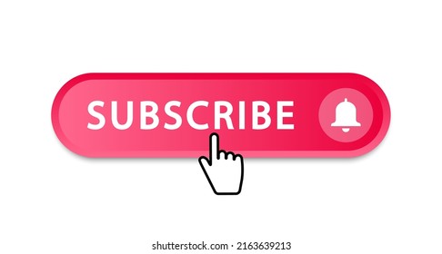 Subscribe button. Clicking red subscribe button with bell and hand cursor. Subscription to the channel or blog. Social media concept. Vector illustration.