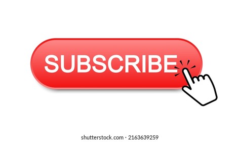 Subscribe button. Clicking red subscribe button with bell and hand cursor. Subscription to the channel or blog. Social media concept. Vector illustration.