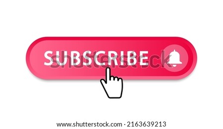 Subscribe button. Clicking red subscribe button with bell and hand cursor. Subscription to the channel or blog. Social media concept. Vector illustration.