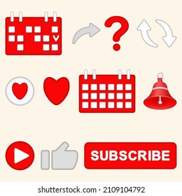Subscribe Button Collection. Buttons Interface for Channel, Social Media, Blog, Smartphone. Bell Button, Heart, Calendar,  Arrow, Notebook, Question Mark and Hand Cursor. Realistic 3D Design. 