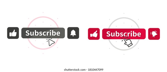 Subscribe button with cursor. Buttons Like, comment and dislike. Blogging, promotion, subscribe to channel, blog. Subscribe on channel. Live video streaming Notification or Message bell icon