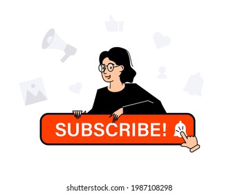 Subscribe button and a halo of icons around the young girl in modern style, bell button and hand cursor. Red button subscribe to channel, blog. Social media background.