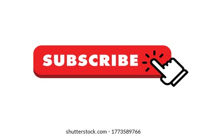 Subscribe button with hand click icon. Finger pointer clicking web site call to action. Clic vector.