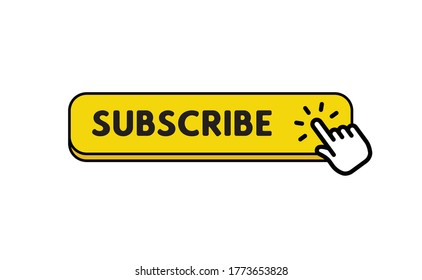 Subscribe button with hand click icon. Finger pointer clicking web site call to action. Clic vector.