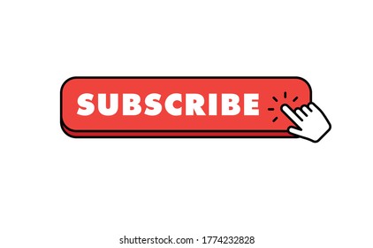 Subscribe button with hand click icon. Finger pointer clicking web site call to action. Clic vector.