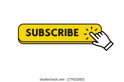 Subscribe button with hand click icon. Finger pointer clicking web site call to action. Clic vector.