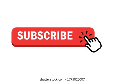 Subscribe button with hand click icon. Finger pointer clicking web site call to action. Clic vector.