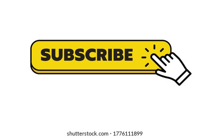 Subscribe button with hand click icon. Finger pointer clicking web site call to action. Clic vector.