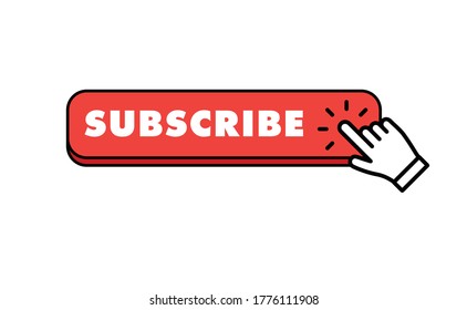 Subscribe button with hand click icon. Finger pointer clicking web site call to action. Clic vector.