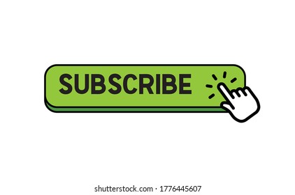 Subscribe button with hand click icon. Finger pointer clicking web site call to action. Clic vector.