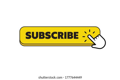 Subscribe button with hand click icon. Finger pointer clicking web site call to action. Clic vector.