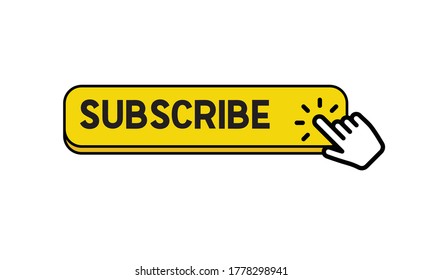 Subscribe button with hand click icon. Finger pointer clicking web site call to action. Clic vector.