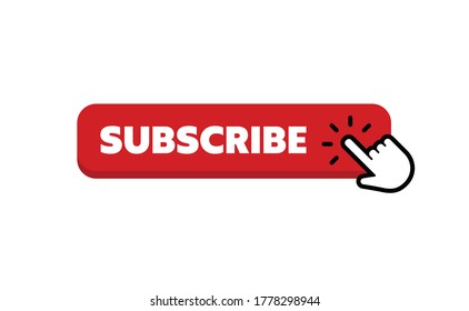 Subscribe button with hand click icon. Finger pointer clicking web site call to action. Clic vector.