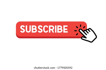 Subscribe button with hand click icon. Finger pointer clicking web site call to action. Clic vector.