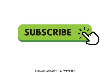 Subscribe Button With Hand Click Icon. Finger Pointer Clicking Web Site Call To Action. Clic Vector.