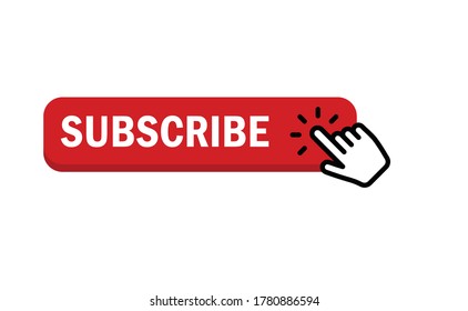 Subscribe button with hand click icon. Finger pointer clicking web site call to action. Clic vector.