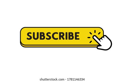 Subscribe button with hand click icon. Finger pointer clicking web site call to action. Clic vector.