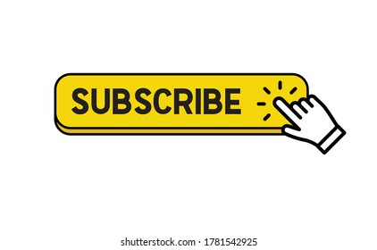 Subscribe button with hand click icon. Finger pointer clicking web site call to action. Clic vector.