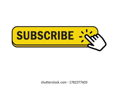 Subscribe button with hand click icon. Finger pointer clicking web site call to action. Clic vector.