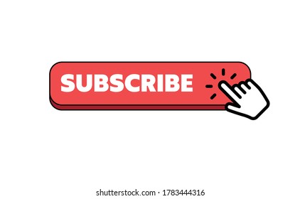 Subscribe button with hand click icon. Finger pointer clicking web site call to action. Click vector.