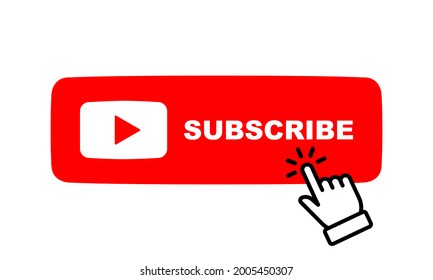 Subscribe button with hand click icon. Click button. Social media sign. Red play icon isolated on transparent background. Vector illustration.
