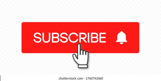 Subscribe button and hand click pointer cursor. Social media red buttons of bell and subscribe to channel or blog. Template with shadow on transparent background. Vector illustration.