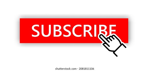Subscribe button with hand cursor design element. Web button to blog and video channel. Red subscribe element for video channel mockup template