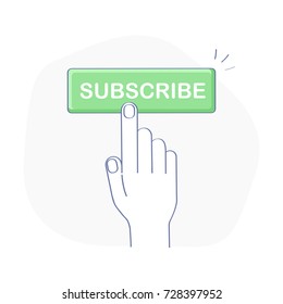 Subscribe button with hand in flat outline design. Video Streaming, Banners, Ads, Blogs, News channels. Isolated vector illustration. Marketing template.