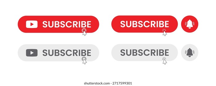 Conjunto de iconos de Botón Suscribirse con YouTube y símbolos de notificación en estilo de Vector editable