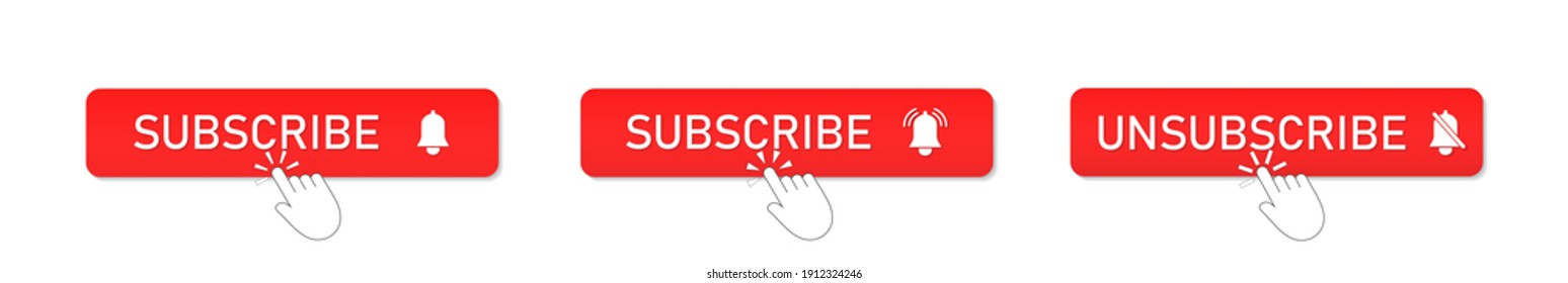 Subscribe button. Icon for subscription on video channel. Red subscribe button with bell for notification and click. Banner isolated on white background. Concept of online play of video. Vector.