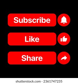 Subscribe button, Like button, share button. Button set for video blog