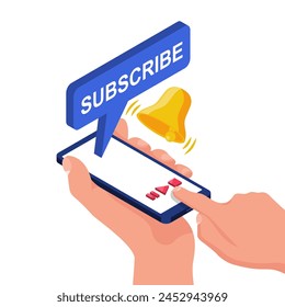 Suscribirse Botón. El hombre del teléfono Hacer clic el Botón Suscribirse. Web de contenido. Diseño isométrico de Ilustración vectorial. Aislado sobre fondo blanco. La campana como recordatorio detrás del Suscriptor.