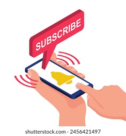 Subscribe button. Man on the phone clicks the Subscribe button. Content web. Vector illustration flat design. Isolated on white background. The bell as a reminder symbol behind the subscriber.