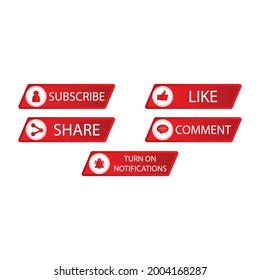 Botón de suscripción con diseño de color metálico para medios sociales. Colección de botones para medios sociales de color rojo. Como, comentar, suscribirse, compartir y notificar la ilustración vectorial de botón.
