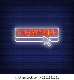 Subscribe button neon sign. Luminous signboard with cursor on inscription. Night bright advertisement. Vector illustration in neon style for website interface