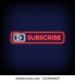 Subscribe button Neon Signboard Vector with a Brick Wall Background. Vector Illustration