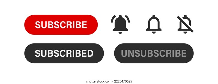 Subscribe button and notification bell alarm icons set. Red button icon flat social media interface. Vector isolated illustration for web design 