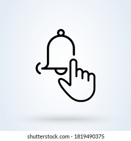 Subscribe button or notification bell on it line icon or logo. bell notification hand Click concept. Finger click the notification bell linear vector illustration.