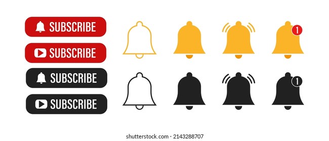 Subscribe button and notification bells. Set of subscribe buttons with bells of notification isolated symbols. Vector illustration. 10 eps