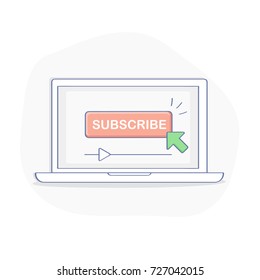 Subscribe button on laptop display. Subscription promotion button on video streaming page with cursor. Flat outline vector icon illustration, UX UI modern design element for design.