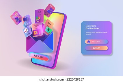 Subscribe button on the mobile phone screen and an envelope with icons. Vector banner