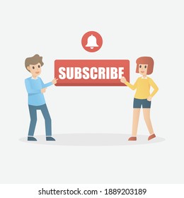 Abonnieren Sie den Button in den sozialen Medien, Abonnement-Online-Marketing, verfolgen Sie Ihren Video-Channel-Blog und Newsletter, notieren Sie Glocken Symbole auf Smartphone, Einladen, um den folgenden Button, Vektor zu drücken.