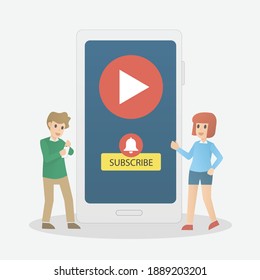 Abonnieren Sie den Button in den sozialen Medien, Abonnement-Online-Marketing, verfolgen Sie Ihren Video-Channel-Blog und Newsletter, notieren Sie Glocken Symbole auf Smartphone, Einladen, um den folgenden Button, Vektor zu drücken.
