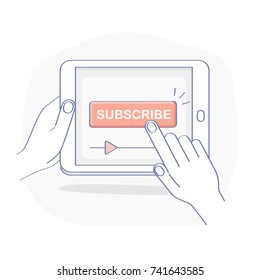 Subscribe button on tablet display. Subscription promotion button on video streaming page with cursor. Flat outline vector icon illustration, UX UI modern design element for design.