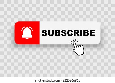 Subscribe button with pointer clicking. Hand cursor clicking on subscribe button. Hand pointer icon. Social media web button, element channel, video content. Vector illustration