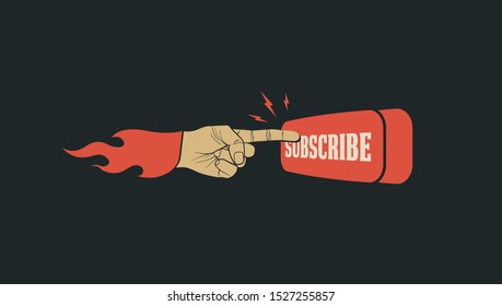 Subscribe button with pointing finger on it. Subscribe call to action banner for bloggers video or social media channel. Vector illustration.