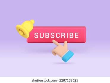 Abonnieren Taste drücken Geschäftsmann Hand Ring Bell Internet-Alarm Web-Dienst klicken 3d Symbol realistische Vektorgrafik. Cyberspace Blog Vlog folgen Social Media-Mitgliedschaft online abonnieren Zeiger