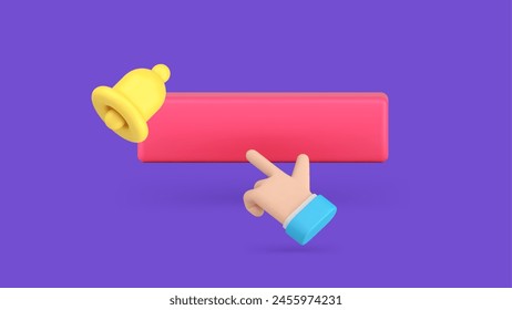 Subscribe button push business man hand ring bell internet alert web service click 3d icon realistic vector illustration. Cyberspace blog vlog follow social media membership online subscribing pointer