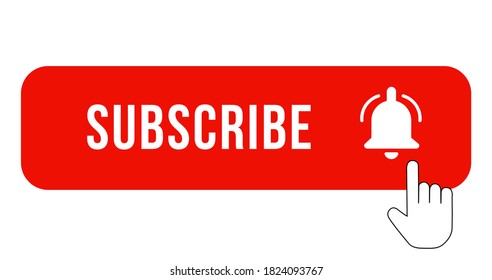 SUBSCRIBE - button red color with handon transparent background. Vector illustration.