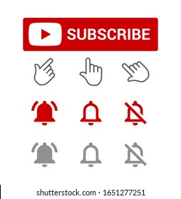 Subscribe button, red and grey bell alerts, chat or reminder notifications, elements for blogging, set of smm icons, flat style vector illustration